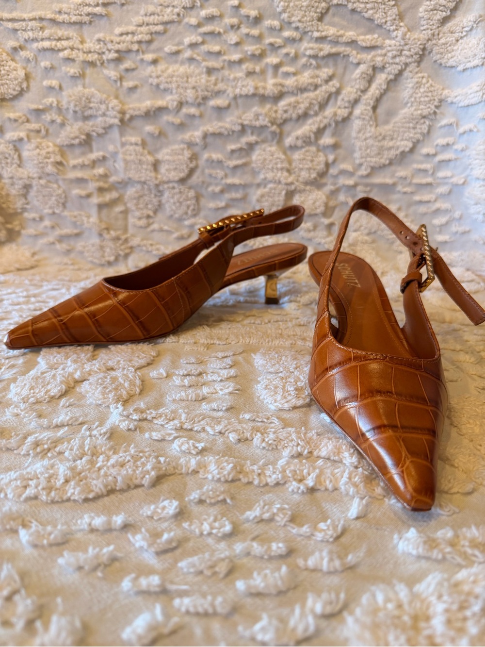 SCHUTZ Cognac Croc-Embossed Pointed Slingback Kitten Heel 658